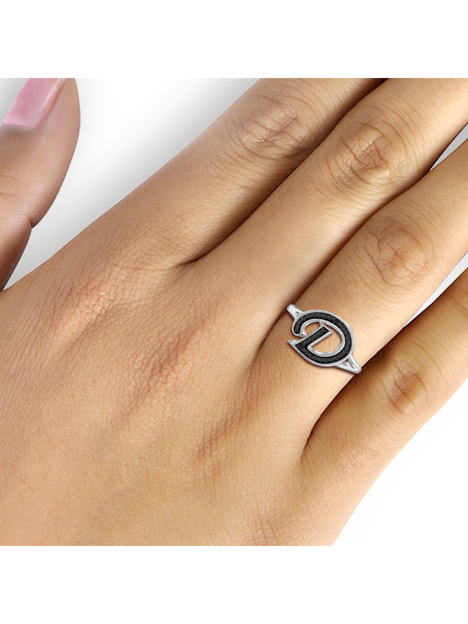 JewelersClub Accent Black Diamond Initial Letter Ring for Women | Customizable Sterling Silver D Alphabet Monogram Ring for Girls | Cursive Script Capital Letters | Personalized Jewelry Gift for Her