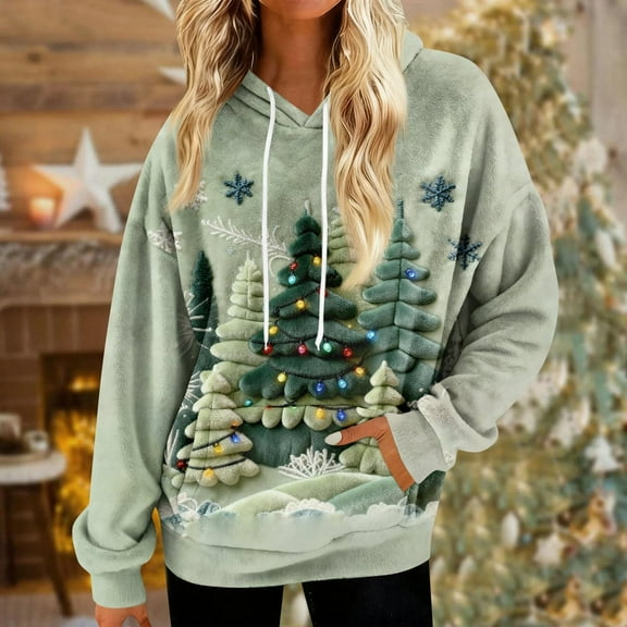 GuzomFashion Womens Oversized Christmas Fleece Hoodie - Multicolor Festive Tree Snowflakes Lights, Soft Warm 100% Polyester with Kangaroo Pocket & Drawstring Hood (S-XXL),Size XL