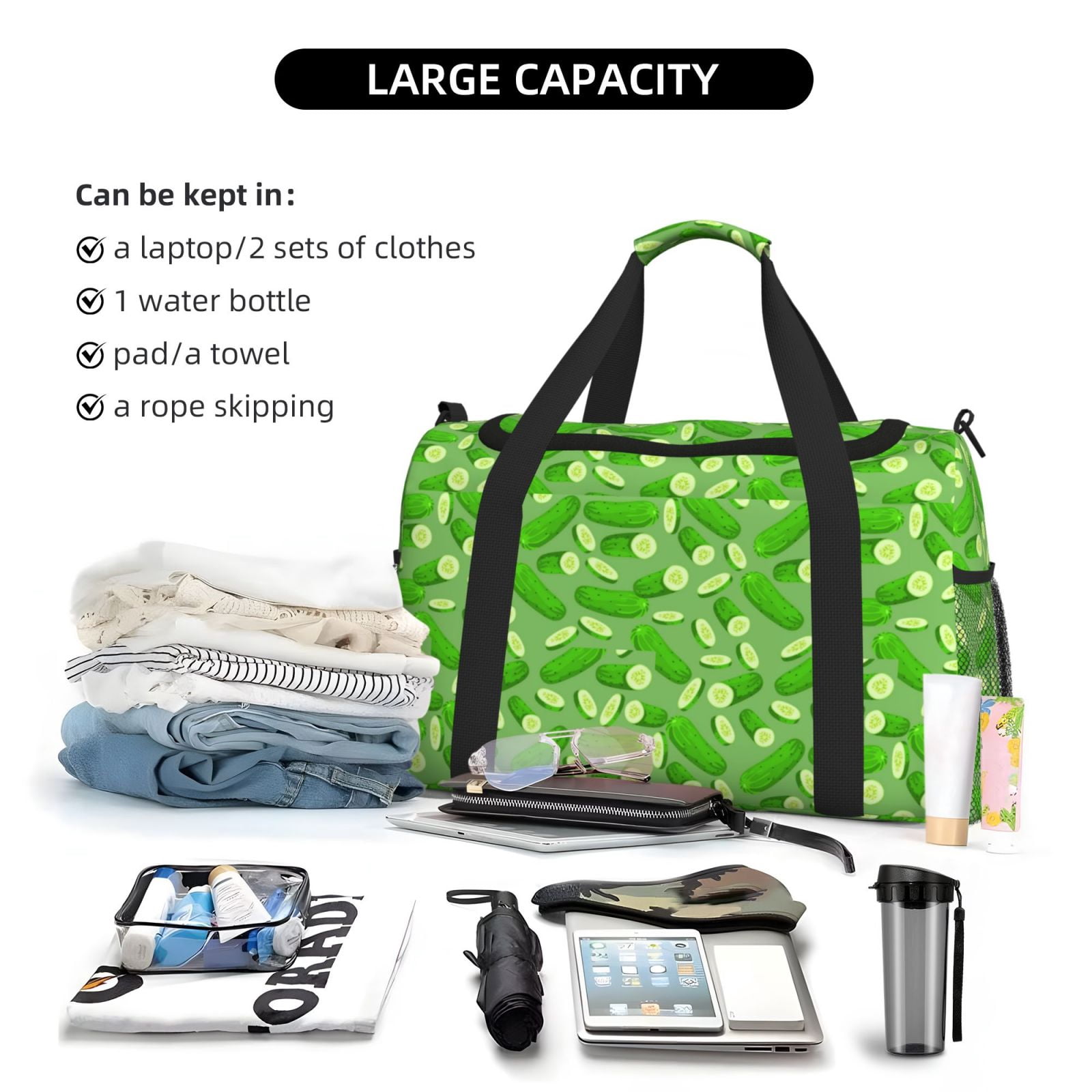 Fuzoiu Green Cucumber Print Travel Duffle Bag,Carry On Tote Bags,Duffel Bag,Sport Gym Bag, Hospital Bag for Labor and Delivery, Overnight Bag,Luggage Bag