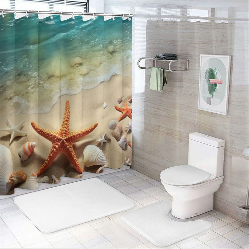 PRATYUS Starfish Shells Beach Shower Curtain Waterproof Bath Curtain Set Modern Bathroom Decor with Hooks 69"x72