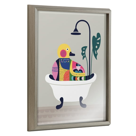 Kate and Laurel Blake Mid Century Modern Duckie in the Tub Framed Printed Glass Wall Art by Rachel Lee of My Dream Wall, 16x20 Graywash, Adorable Animal Art for Wall