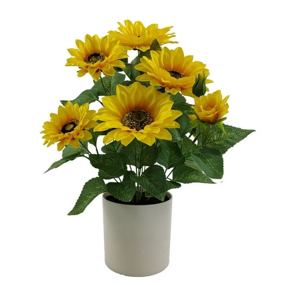 Mainstays Indoor 15 in Artificial Polyester Sunflower in Plastic White Pot, Yellow Color.