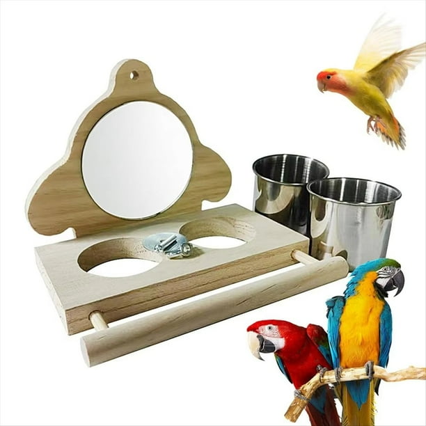 Percha de Madera para Loros, Espejo para Periquitos, Juguete para Pájaros, Percha para Loros con Espejo y Vasos para Comida, Jaula de Juguete para Agapornis B