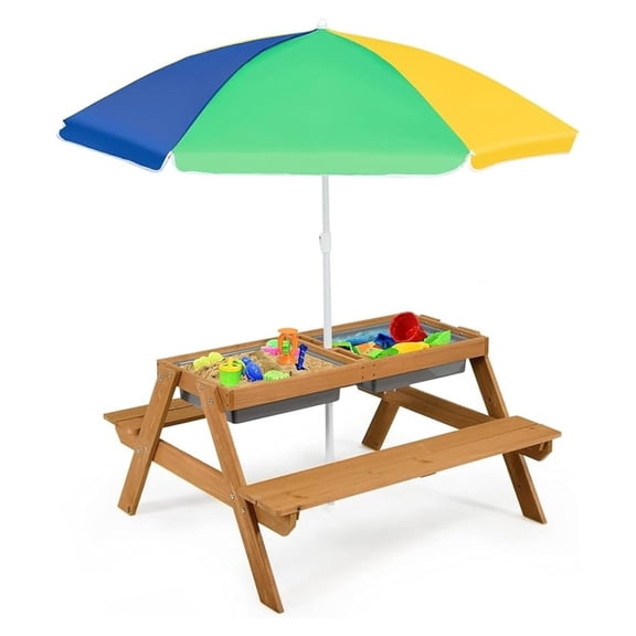 Kids Picnic Table, 4 in 1 Cedar Wooden Sand & Water Table w/ 2 Removable Box & Umbrella, Kids Picnic Tables for Outdoors Backyard Garden, Toddler Patio Furniture Set for Boys Girls(Colorful)