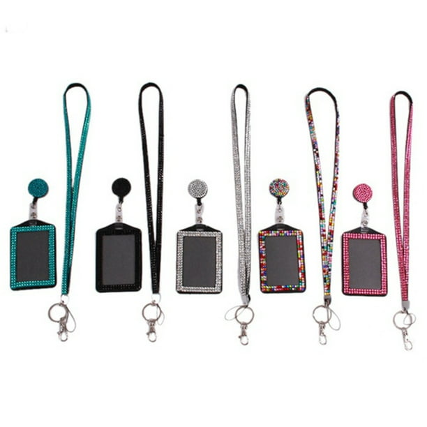 Retractable ID Badge Neck Lanyard Rhinestone Case Name Tag Card Holder