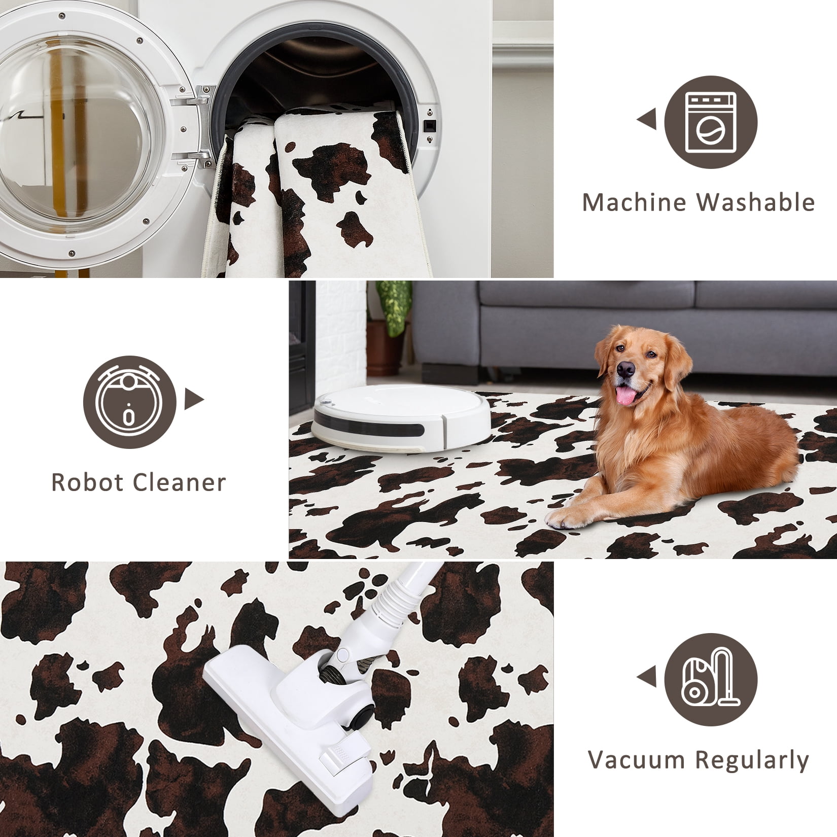 Tzou Cow Print Area Rugs 10' x 13' – Modern Washable Low Pile Throw Rug with Non-Slip Backing, Stain-Resistant Soft Floor Carpet for Living Room, Bedroom, Kitchen (Machine Washable)