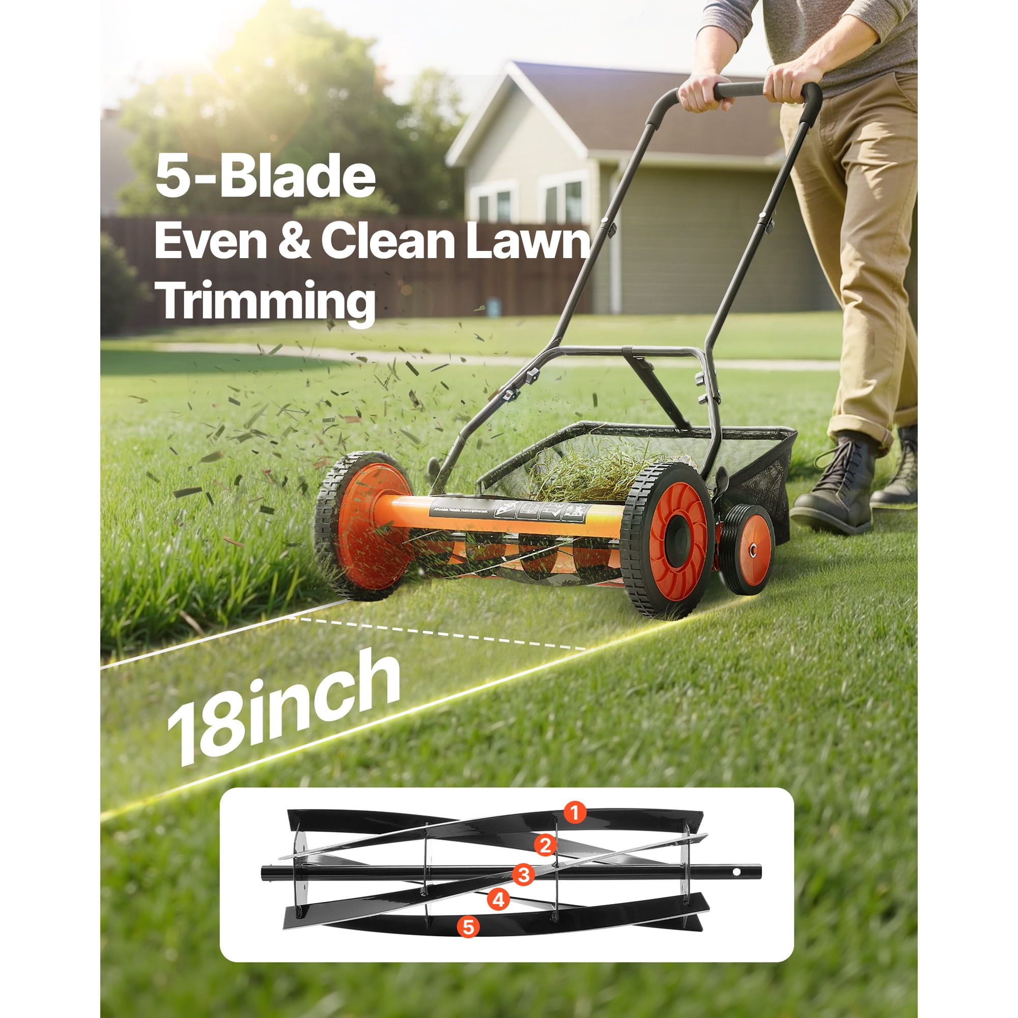 KFFKFF 18-Inch Manual Push Reel Lawn Mower, 5-Blade Design, Adjustable Cutting Height from 1.37 to 2.44 Inches, Walk-Behind Mower with Grass Collection Bag for Lawns, Driveways, and Courtyards