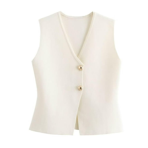 Chaleco corto de punto FindThy para mujer, cuello en V, con botones, color beige