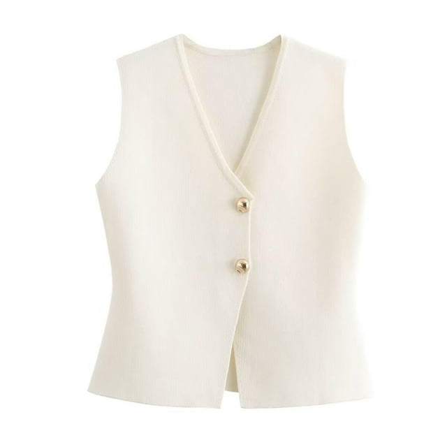 Chaleco corto de punto FindThy para mujer, cuello en V, con botones, color beige