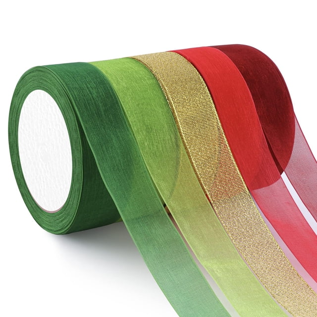 Cinta de Organza Transparente 1x125yd 5 Rollos para Regalos de Navidad