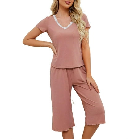 

Casual Solid V neck Pant Sets Short Sleeve Dusty Pink Womens Pajama Sets (Women s)