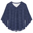 thumbnail image 4 of Navy Blue Crackle Texture Women's V-Neck Blouse With 3/4 Ruffled Bell Sleeves Casual Top Ladies Blouses, 4 of 7