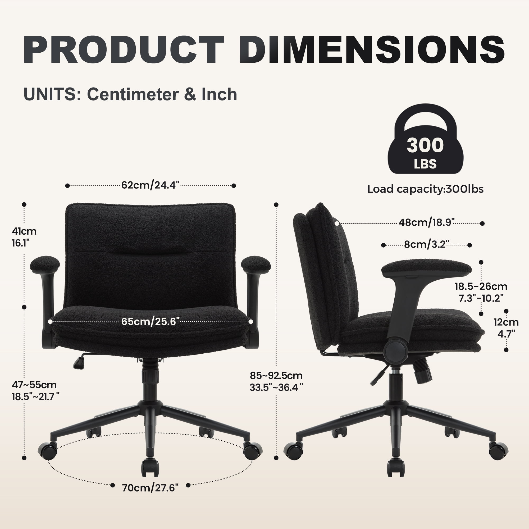 Black Cross Legged Office Chair with Flip-Up Arms and Wheels with Wide Seat, Fabric Ergonomic Adjustable Height Desk Chairs, Swivel Chair for Home Office