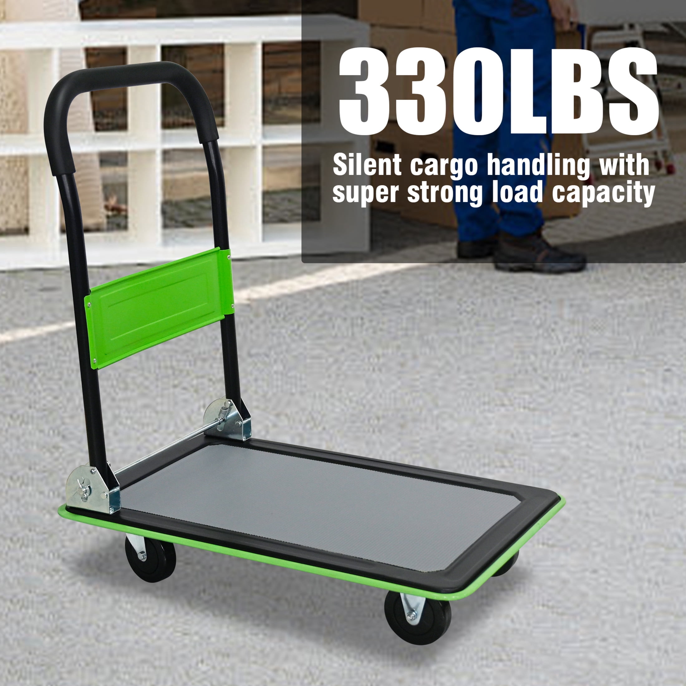 Noble House 28" Flatbed Cart, Heavy Duty Platform Hand Truck with Foldable Push Handle for Loading and Storage, Green