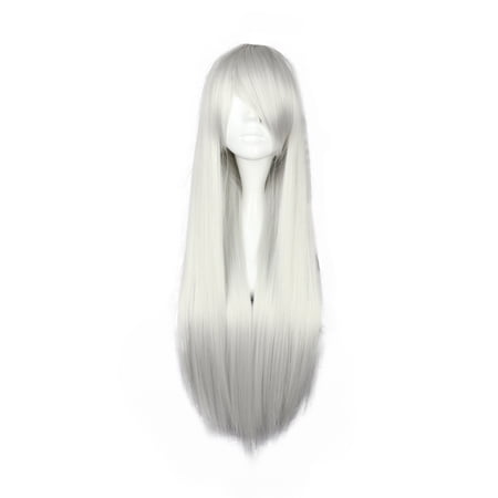Unique Bargains Human Hair Wigs for Lady 31 Wigs for Women Wig Cap Long Hair Silvery white