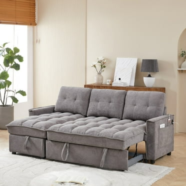 Convertible Sectional Sleeper Sofa Couch,Pull Out Sofa Bed,78" Tufted Chenille L Shaped Couch with Reversible Storage Chaise&USB/Type C Charge Port for Living Room,Office,Apartment,DARK GREY