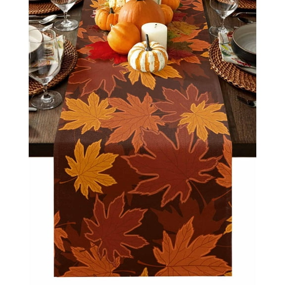 Fall Table Runner Thanksgiving Orange Maple Leaves Table Runners Harvest Autumn Leaf Cotton Linen Dresser Scarf Kitchen Dining Table Decor for Fall Holiday Party Decor 13x36 Inch