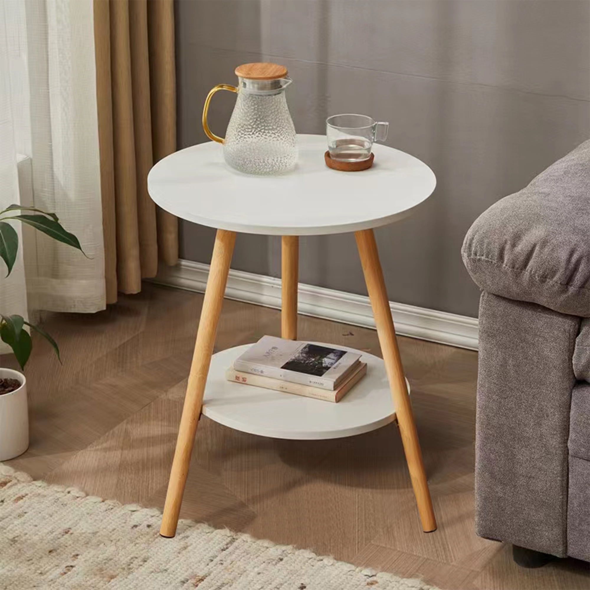 Untyo Round Side Table, White Nightstand End Table with Storage Shelf