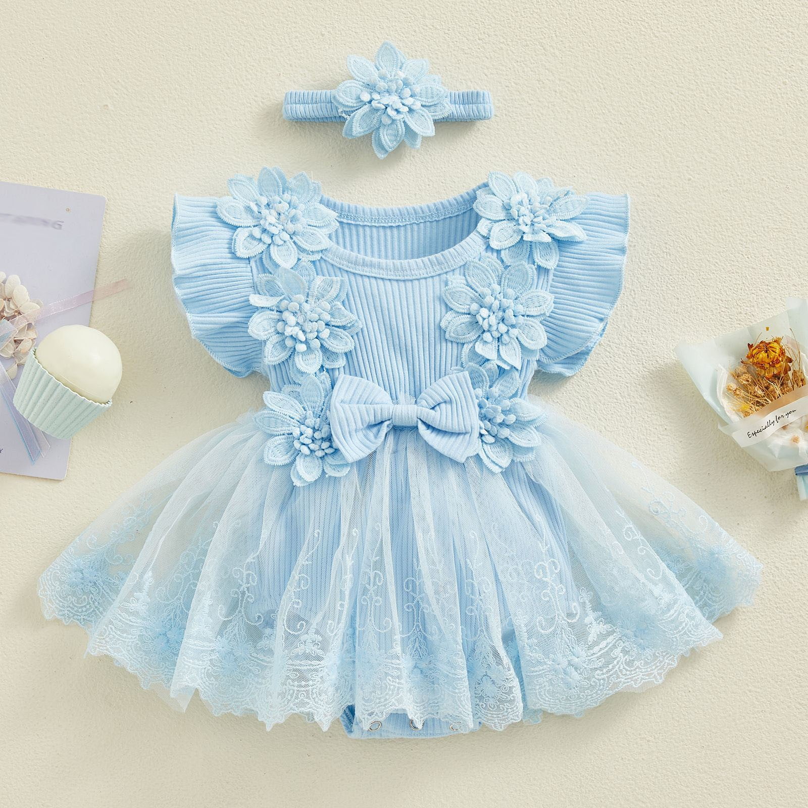 felwors Baby Girl Romper Dress Baby Dress Romper Flowers Lace Girl Spring Summer Clothes with Headband (0-3 Months, Blue)