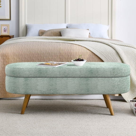 Ottoman Storage Bench, Oval Upholstered Bench with Storage and Rubber Wood Legs, Multi-Functional Footstool & Seat for Living Room & Bedroom,Cyan