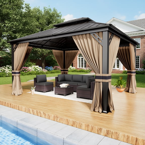 Gotland 12' x 14' Hardtop Gazebo, Outdoor Galvanized Steel Double-Roof Gazebo with Curtains and Netting for Patios, Gardens, and Lawns, Sand