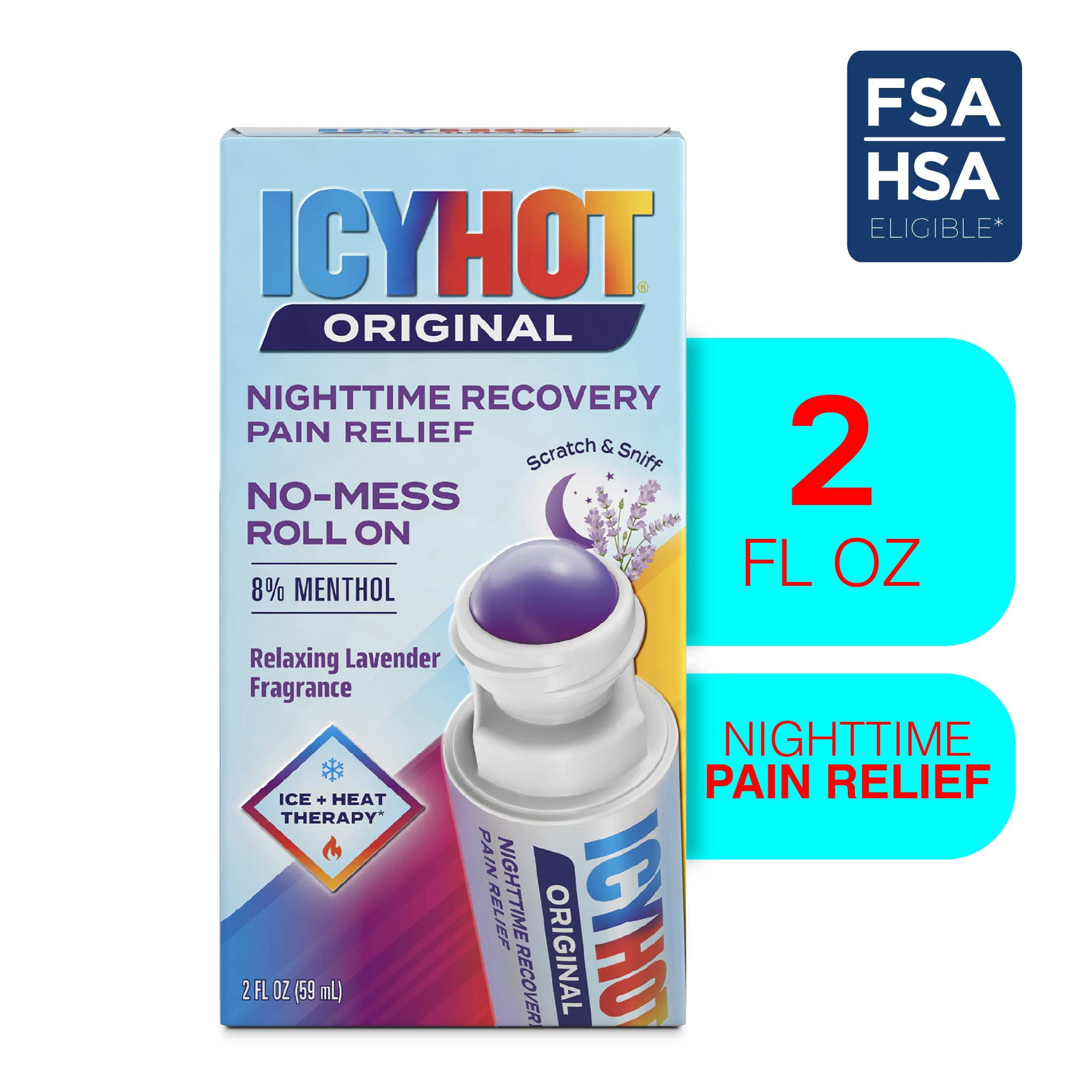 Icy Hot Original Pain Relief Nighttime Recovery No-Mess Roll-On Applicator, Fast-Acting Pain Relief With Menthol 8% for Backaches, Joints, Muscle Strains and Arthritis, Lavender Scent, 2 oz