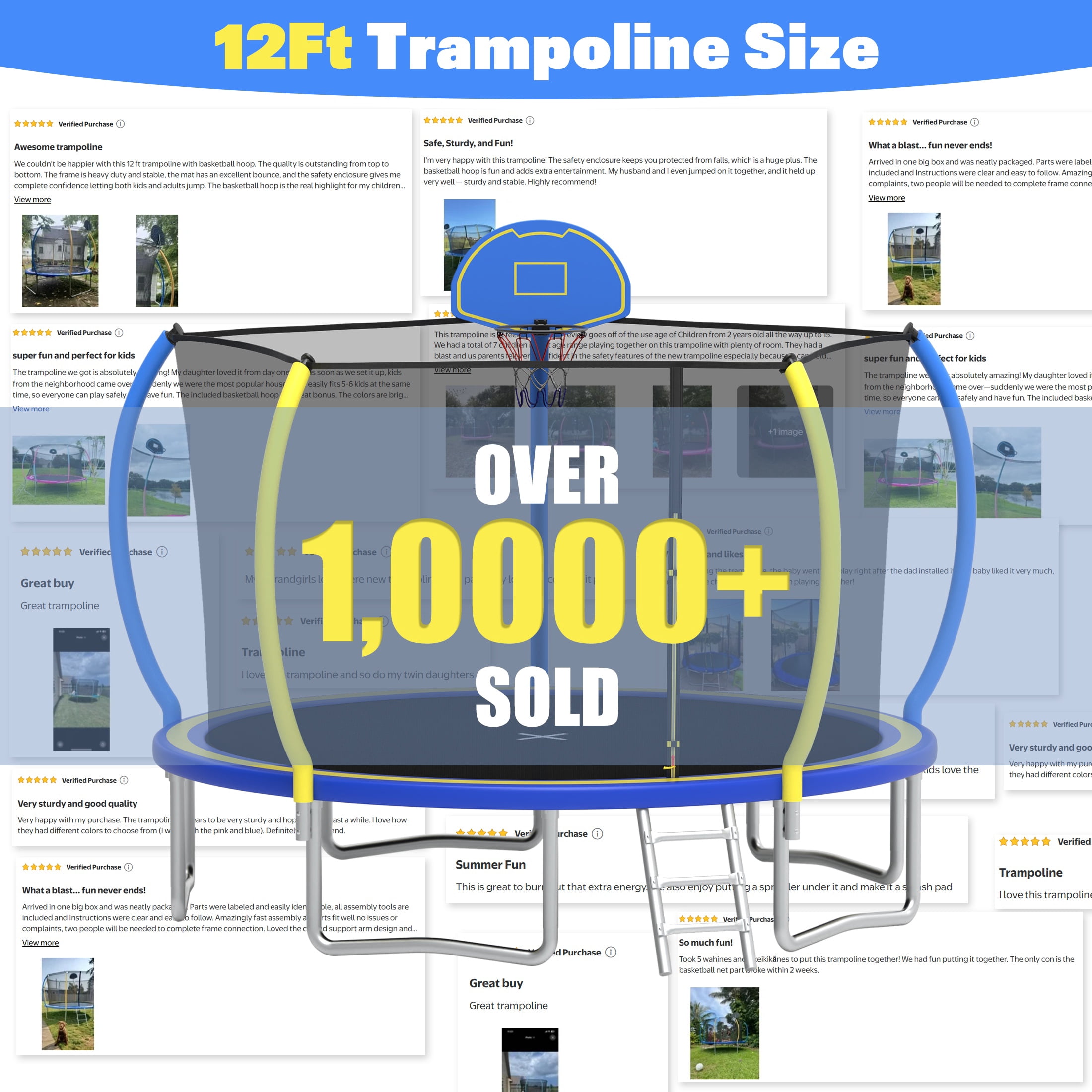 Outdoor Trampoline with Enclosure Net, Segmart 12Ft Trampolines for Kids and Adults, Recreational Trampoline with Ladder, Heavy Duty Yard Trampolines, Heavy-Duty Galvanized Steel Round Trampolines