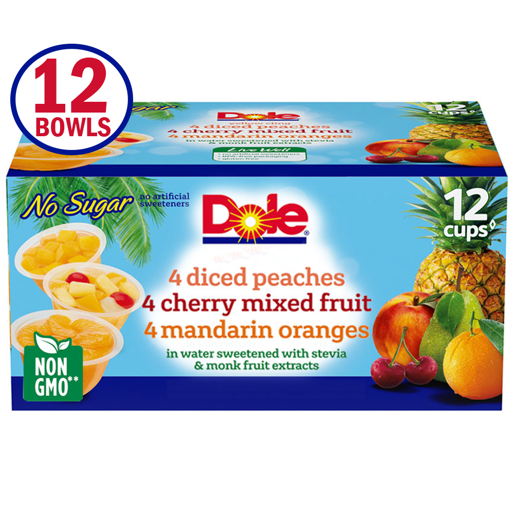 (12 Cups) Dole No Sugar Added Variety Fruit Bowls, 4 Oz
