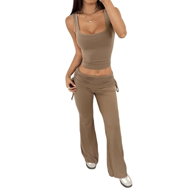 Conjuntos de 2 Piezas para Mujer, Conjuntos de Estar por Casa, Camisetas Sin Mangas, Pantalones Anchos y Chándales Color Café S