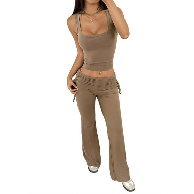 Conjuntos de 2 Piezas para Mujer, Conjuntos de Estar por Casa, Camisetas Sin Mangas, Pantalones Anchos y Chándales Color Café XL