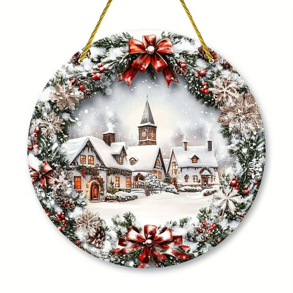 Christmas Wooden Snowy Town Round Sign, 7.87 Inch Holiday Decorative Wall Mounted Outdoor Door Signs