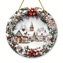 Christmas Wooden Snowy Town Round Sign, 7.87 Inch Holiday Decorative Wall Mounted Outdoor Door Signs