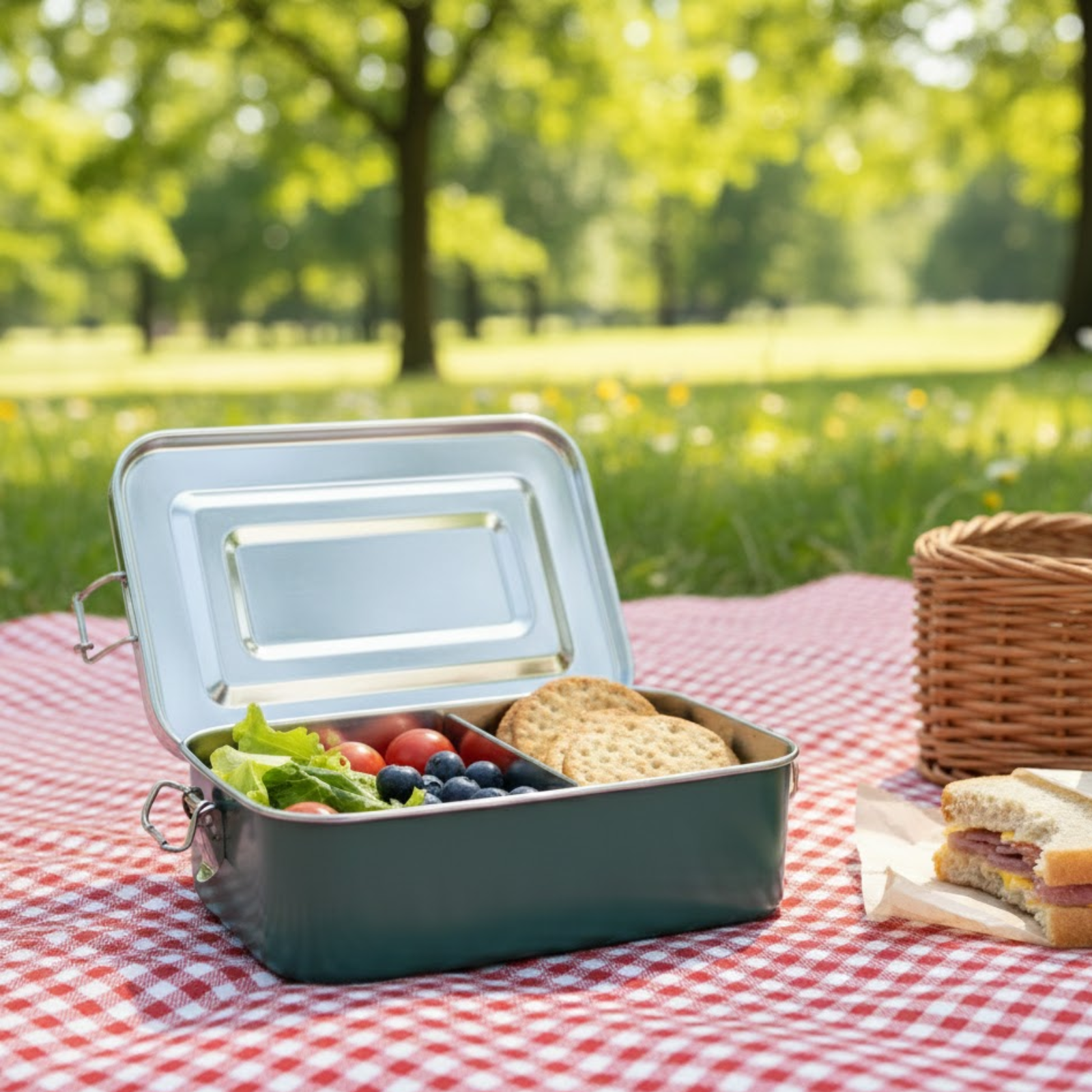 Mayur Exports Bento Lunch Box (Green) with Movable Divider | Leak-Proof, Secure Clips | 60 Oz/1800ml | 8.25x5.55x2.75 in | Food-Grade Stainless Steel | Heavy Duty | Available in 4 Colors.