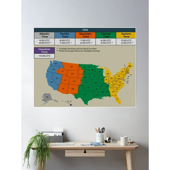 Kna Prints - Time Zones Of Usa: Vintage Map Poster Wall Art, Modern Wall Decor For Living Room Bedroom, UNFRAMED-8x12
