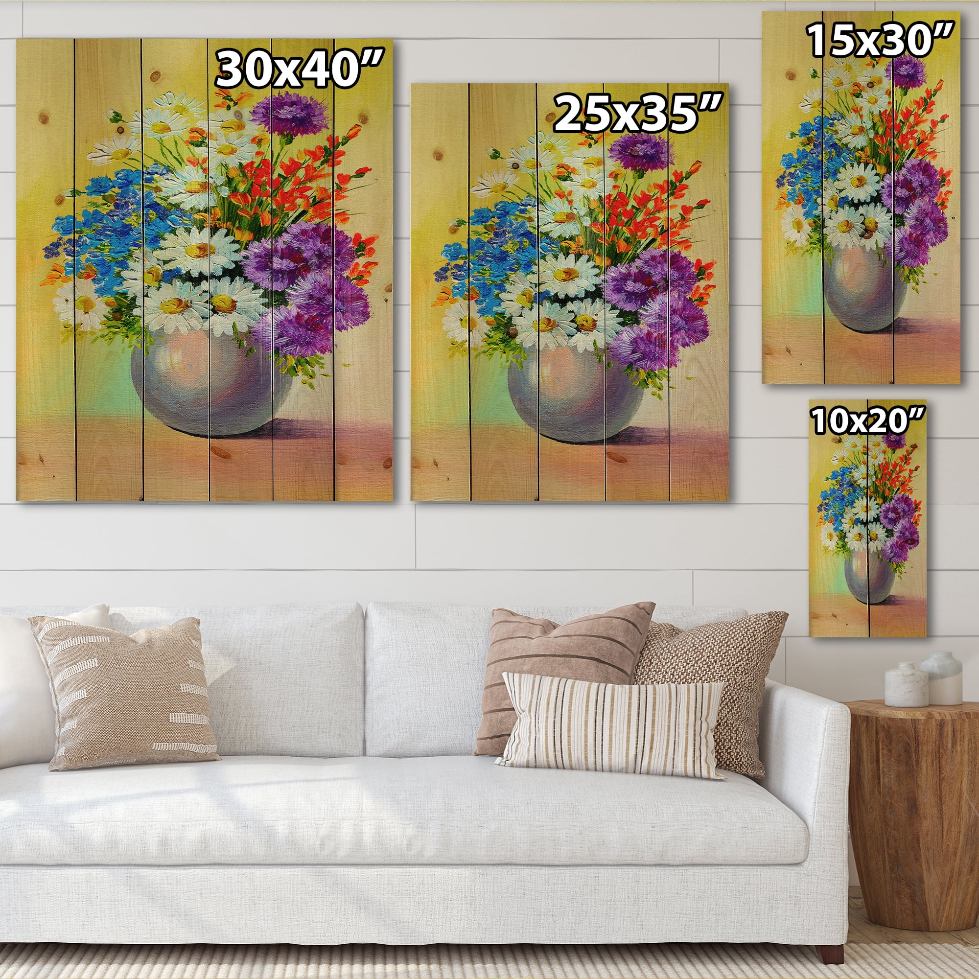 Designart 'Still Life A Bouquet Of Red Blue & White Flowers' Traditional Print on Natural Pine Wood