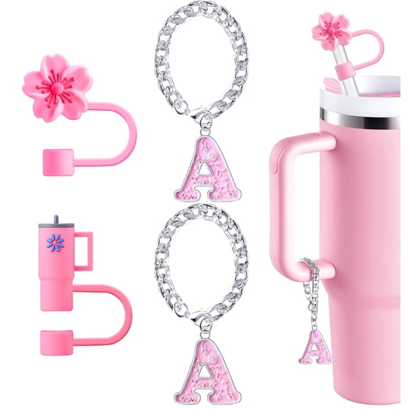Straw Cover for Stanley Cup Accessories - Unique Letter Charms for Stanley Cups, Cute Flower & Cup Silicone Straws Topper Covers for 30 & 40 0z Tumbler with Handle, 10mm 0.4in Straw Cap