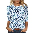 thumbnail image 1 of Staron Hauts d'Été pour Femmes en Liquidation à Moins de 5 $ Manches 3/4 Col Ras du Cou Tunique T-Shirts Basiques Imprimé Floral Chemises d'Été Blouses Amples, 1 of 5