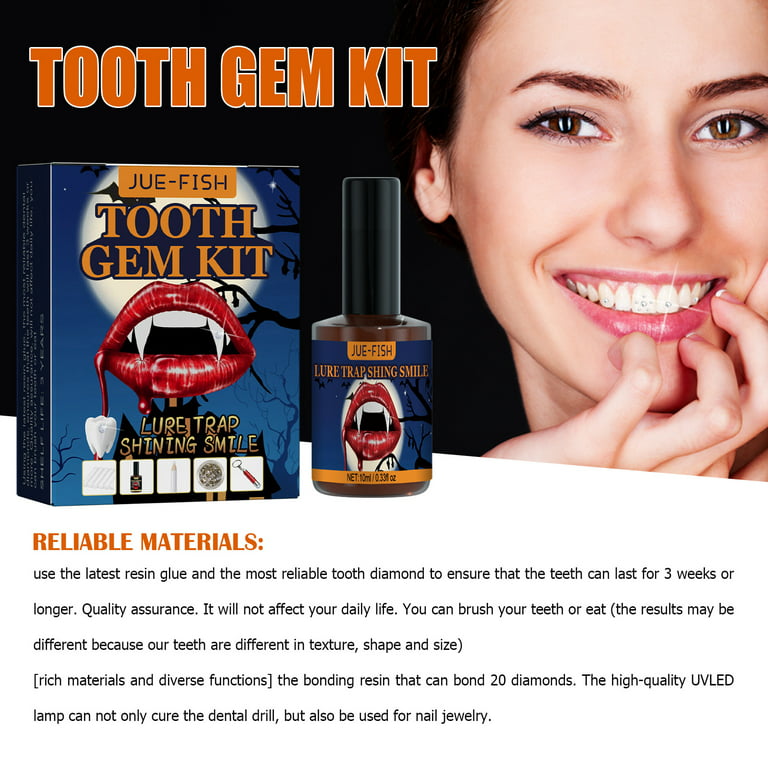 Tooth Gem Kit With UV Light and Glue DIY Teeth Jewelry Starter Kit 14  Includes 2 Butterfly Set & Vampire Set Gems for Halloween. 