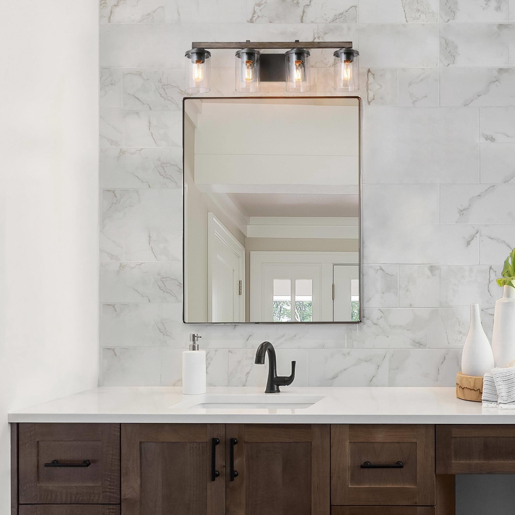LNC 4-Light Black Cylinder Clear Glass Modern Farmhouse Wood Tone Bathroom Vanity Light