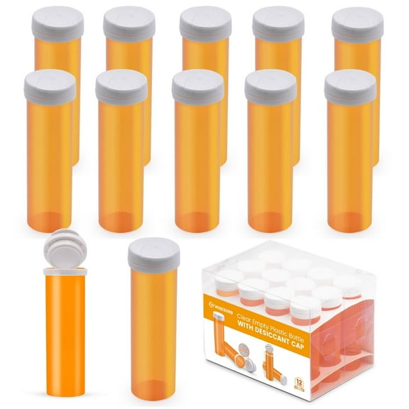 WiseSorb 12 Packs of 11 Dram Pill Bottles Empty with Caps & Desiccants - Prescription Medicine Container - Great for Herbs, Crafts, Candy and More