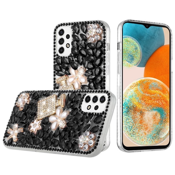 For Samsung Galaxy A23 5G Bling Clear Crystal 3D Full Diamonds Luxury Sparkle Rhinestone Hybrid Cover ,Xpm Phone Case [ Black Pearl Flowers Perfume ]