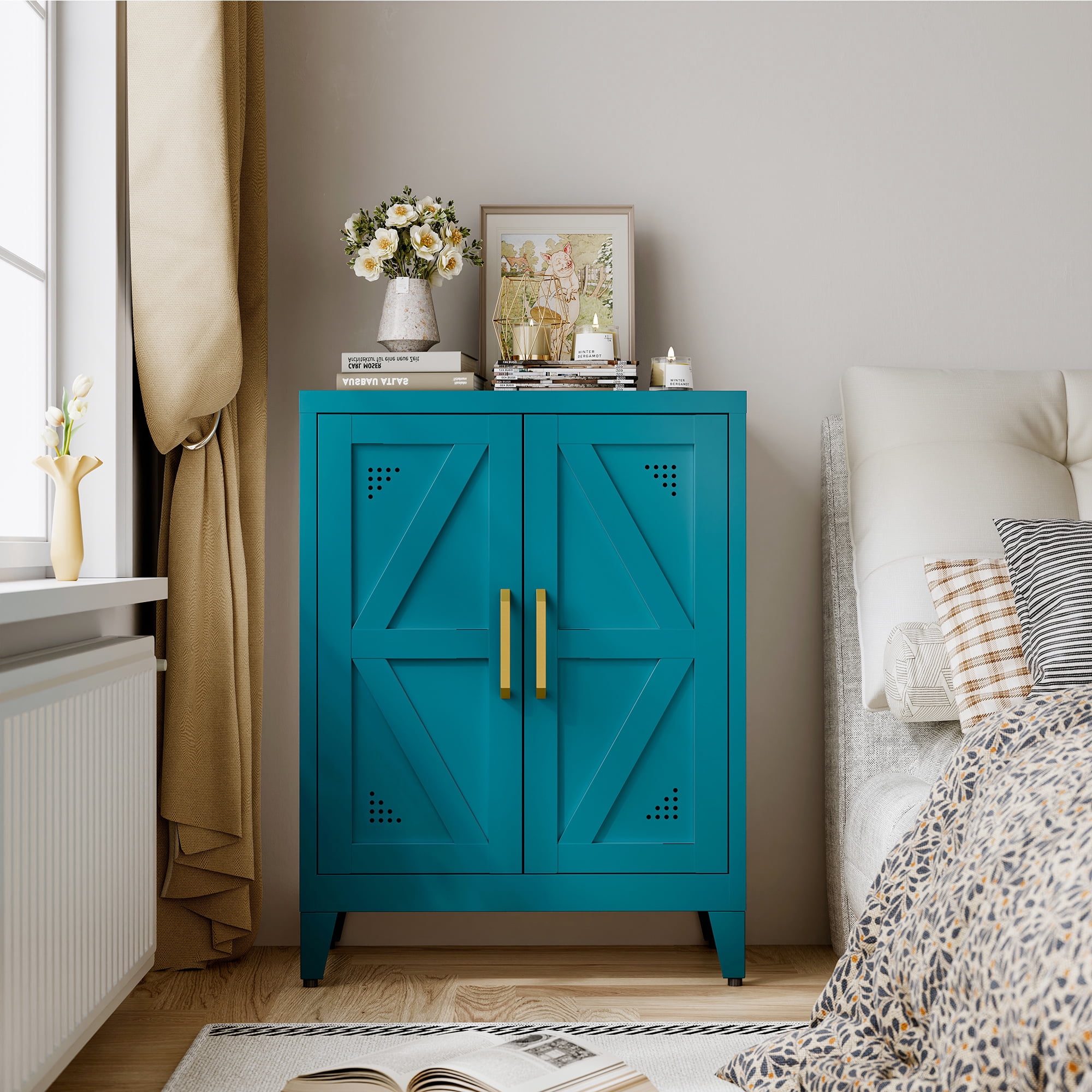 CXUZCZ Metal Buffet Cabinet, Bathroom Floor Storage Cabinet with 2 Adjustable Shelves, Freestanding Storage Sideboard for Entryway,Office, Restaurant, Living Room,11.8 x 23.6 x 31.5 Inches,Blue