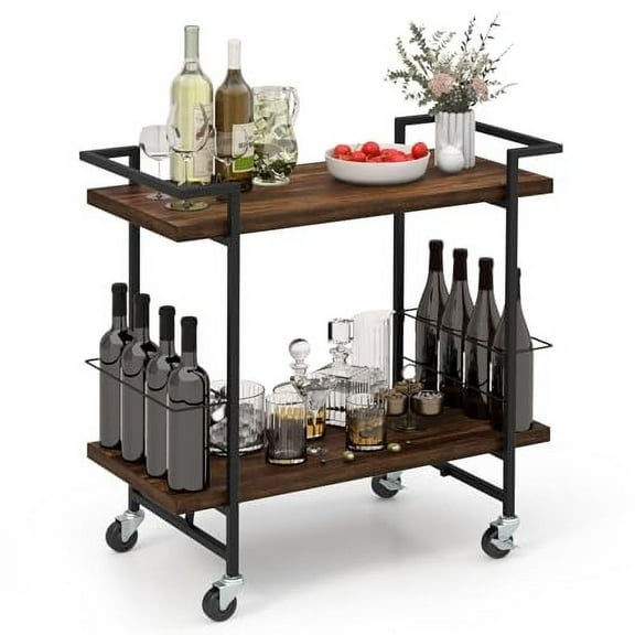 GOFLAME Bar Cart for Home, 2-Tier Kitchen Cart with Lockable Wheels and Anti-Fall Guardrail, Bar Serving Cart with Metal Frame, Rolling Beverage Storage Cart for Dining Room, Livin