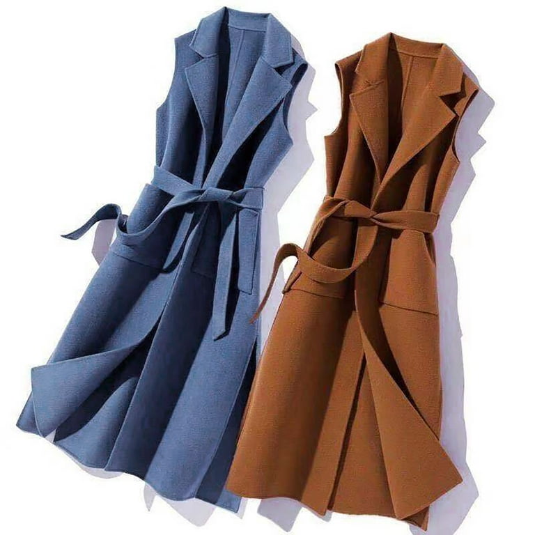 Baocc Wool Blend Coat Women's Autumn and Winter Vest Woolen Solid Color  Strap Personality Long Vest Jacket,Boucle Jackets for Women Blue