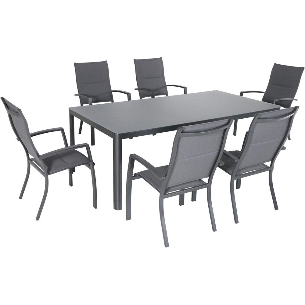 Hanover Fresno 7-Piece Outdoor Dining Set with 6 Padded Sling Chairs and a 42" x 83" Glass-Top Table - image 3 of 12