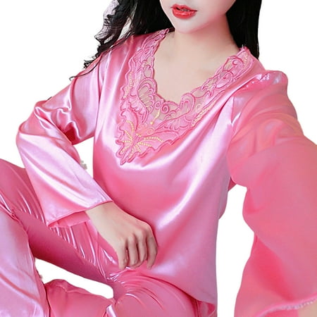 

PERZOE Pajamas Set 2 Pcs/Set Women Pajamas Set Silky Long Sleeves V Neck Solid Color Loose Sleeping Lace Plus Size Women Nightie Set for Bedroom