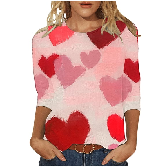 Tumotour Pullover Sweatshirts For Women Crew Neck 3/4 Sleeve Valentine'S Day Printed Tops Casual Cute Tunic Tops Tees Blouses Loose Pullover Tops