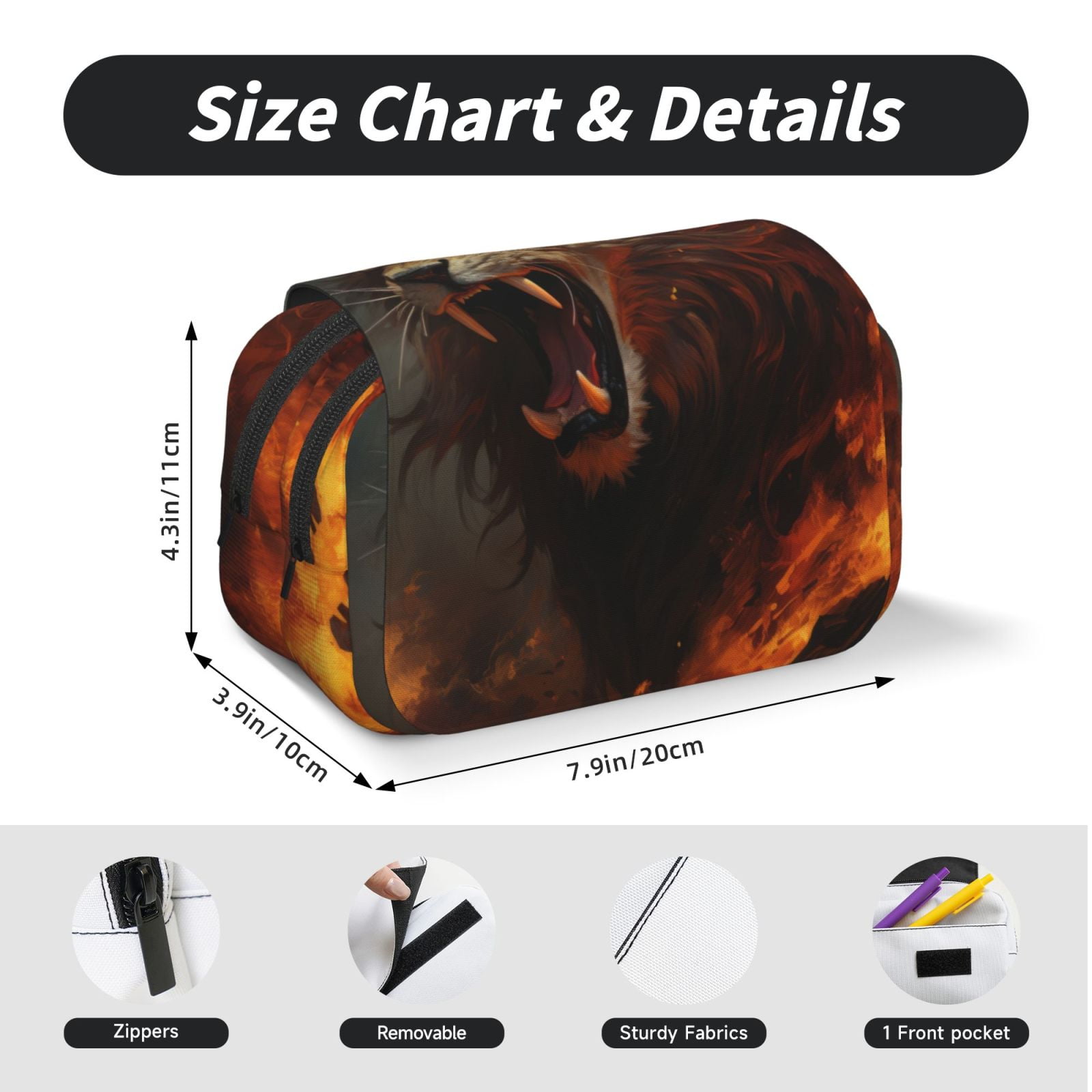 Rateoe Cool Flame Lion A Pattern Double Clamshell Pen Case, Storage Organizer with Two Zipper Compartments– Holds Up to 50 Pencils & Pens