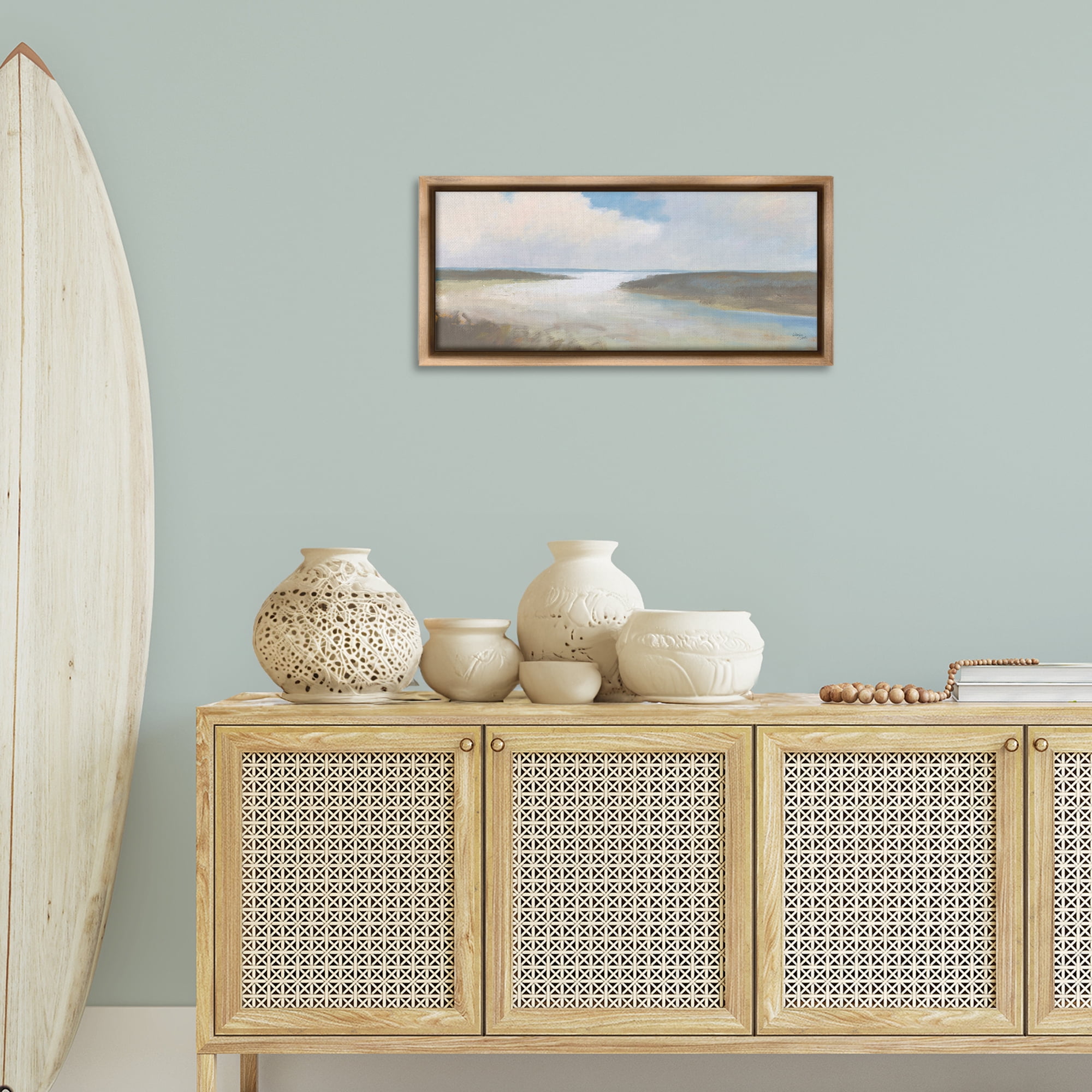 Stupell Industries Soft Coastal Shore Nautical & Beach Painting Brown Floater Framed Canvas Art Print Wall Art, 31 x 14