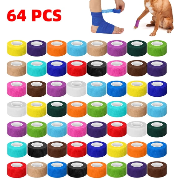 Self Adhesive Cohesive Elastic Breathable Adhesive Bandage Wraps, Multi Color, 1" x 5 Yards, 64 Pack